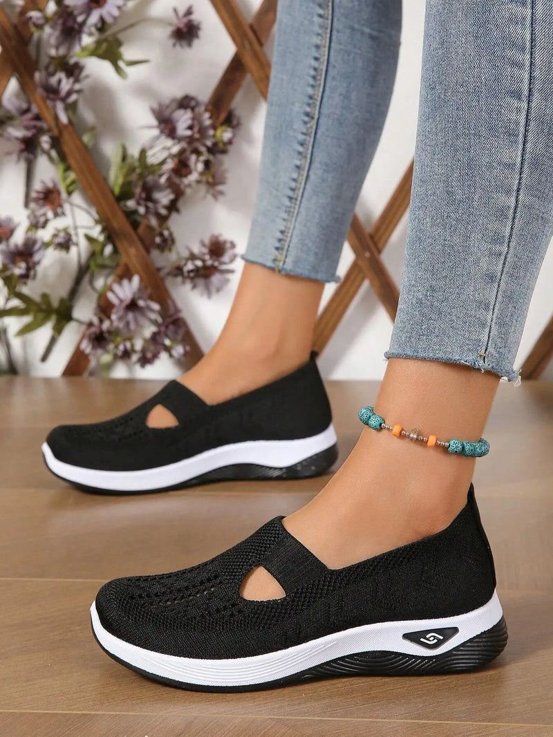 Women's Solid Color Breathable Sneakers, Soft Sole Lightweight Slip On Walking Shoes, Low-top Knitted Casual Shoes