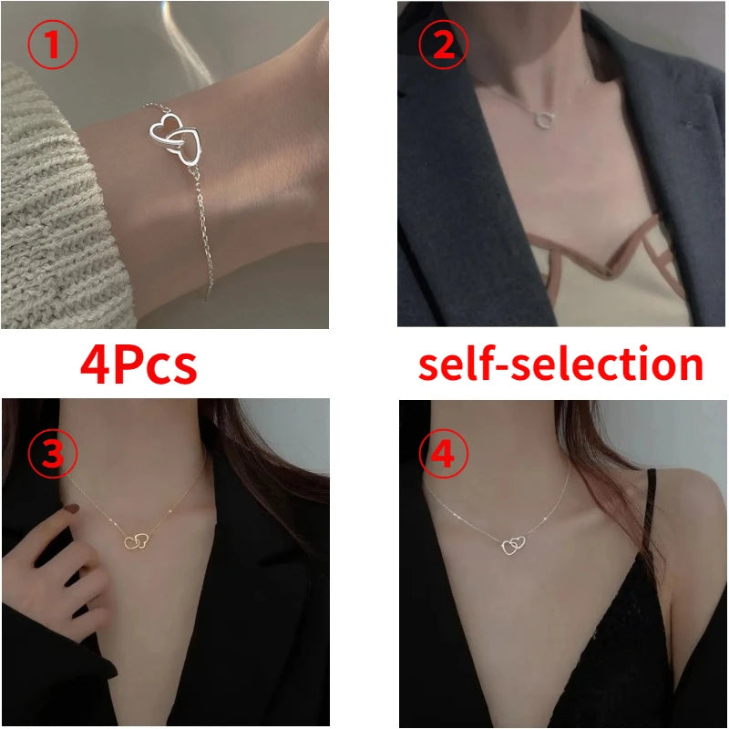 Simple Double Heart Pendant Necklace for Women Couple Stainless Steel Choker Gold Color Chain Wedding Party Friends Jewelry Gift